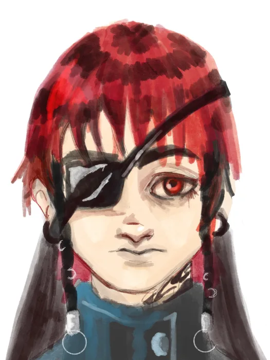 Retrato de un personaje de pelo rojo con parche negro en el ojo y trenzas