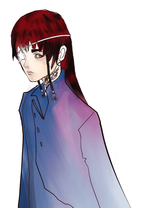 Retrato de un personaje de pelo rojo largo con abrigo azul y capa degradada