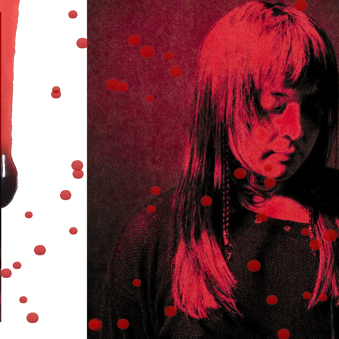 Pieza gráfica de YOAKE: retrato en rojo con lluvia de puntos